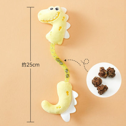 Moo dinosaur plush cat toy with detailed stitching and soft plush texture