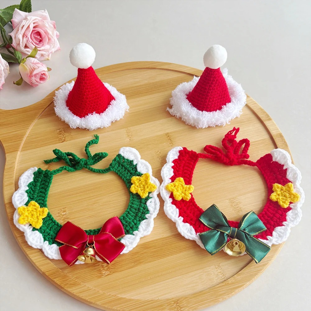 Mokka - Christmas Crochet Hat and Bow Pet Collar