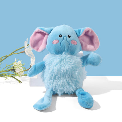 Petkin plush dog toy held in hand to show size and flexible long legs