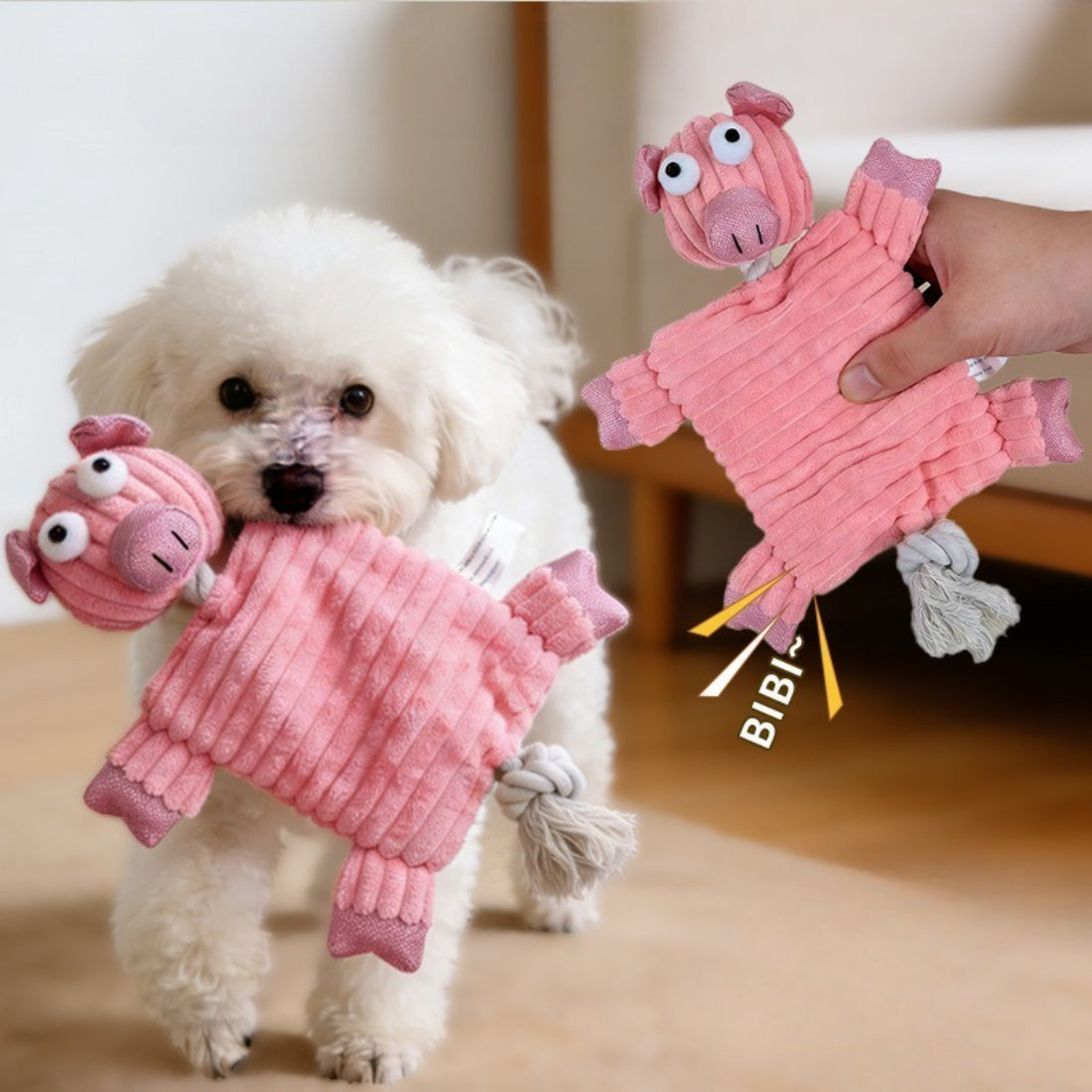 Petkin Pig Rope Plush Dog Toy with pink pig head and knotted rope body