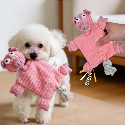Petkin Pig Rope Plush Dog Toy with pink pig head and knotted rope body