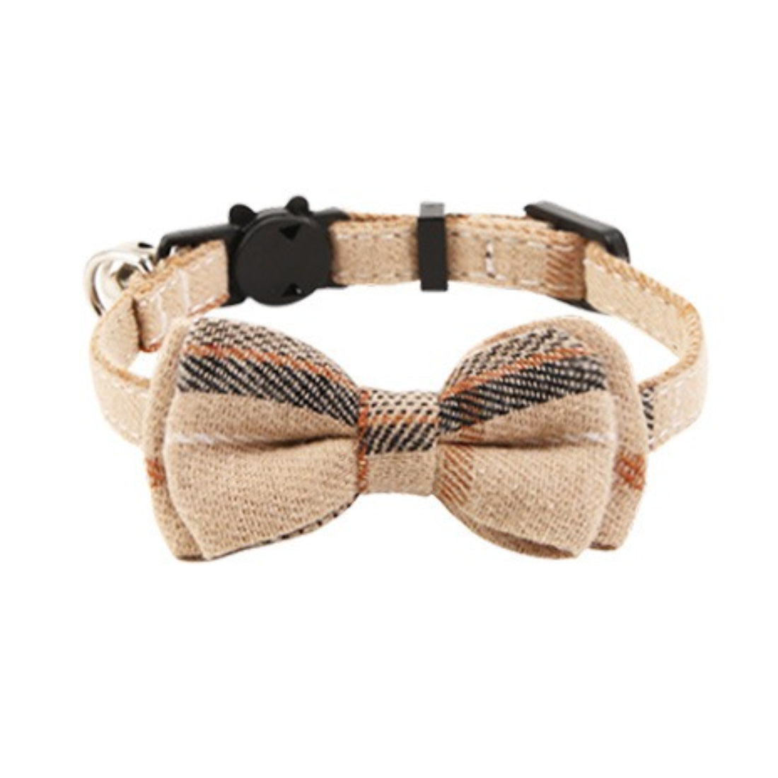 Close-up of Mokka Cozy Plaid Bow Cat Collar showing plaid pattern and bow detail