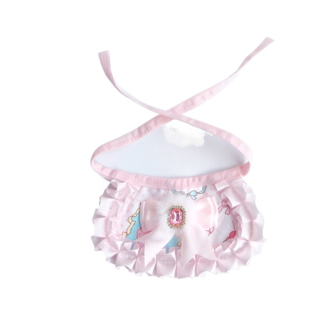 Mokka cat neck bib worn by a cat, showing fit and decorative ruffle with gem