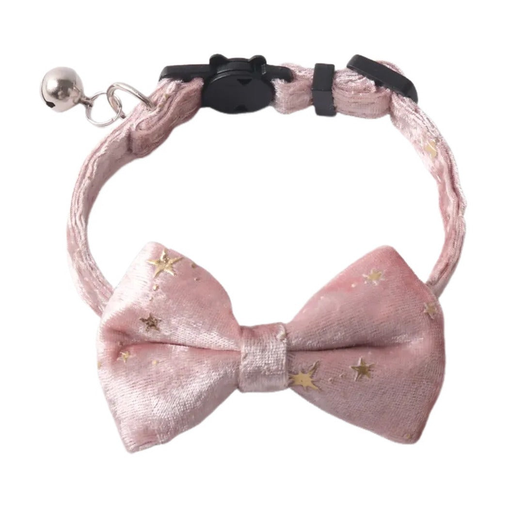 Mokka Velvet Star Bow Collar worn on a pet collar showing bow and star accents