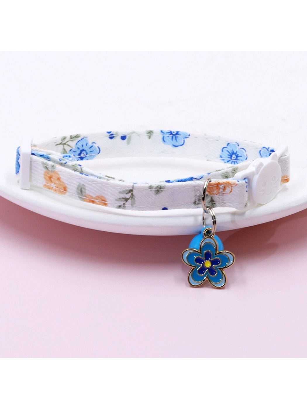 Cat wearing Mokka Floral Charm Bell Cat Collar with visible bell and floral print