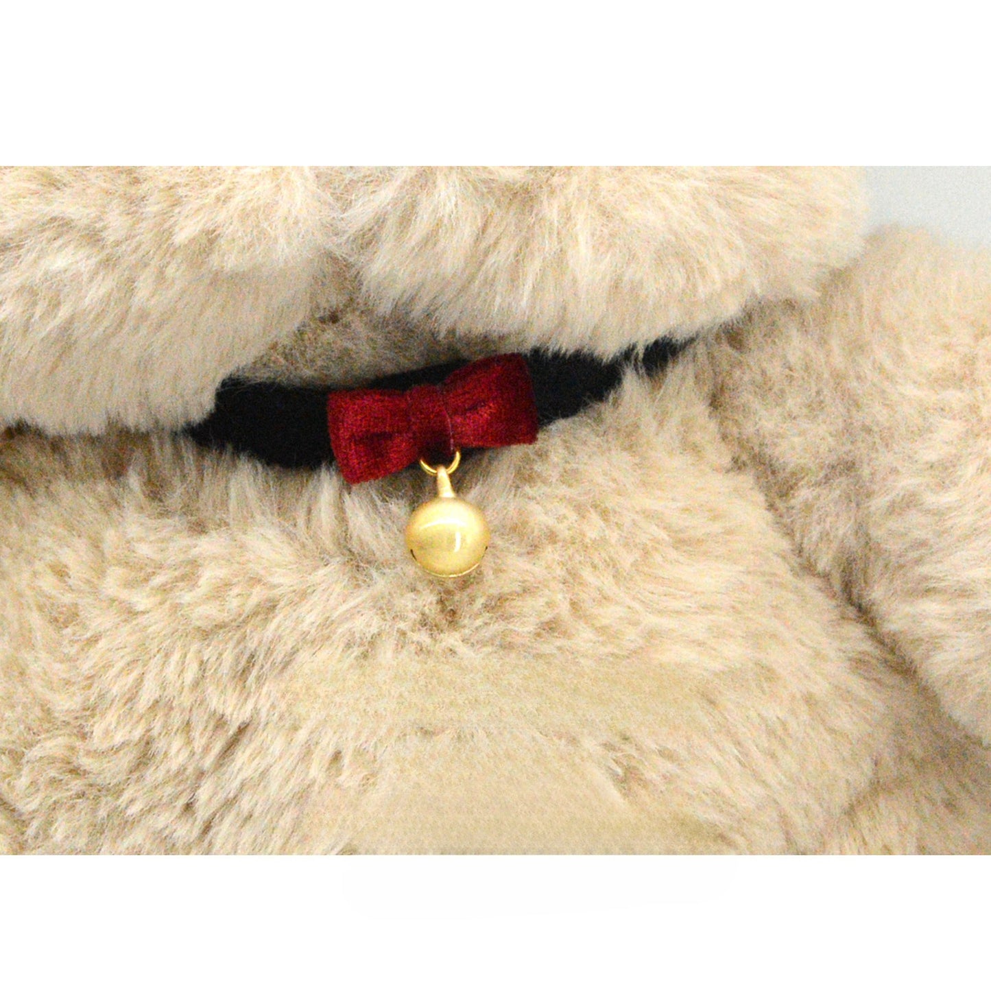 Black velvet breakaway cat collar displayed flat with bell and buckle