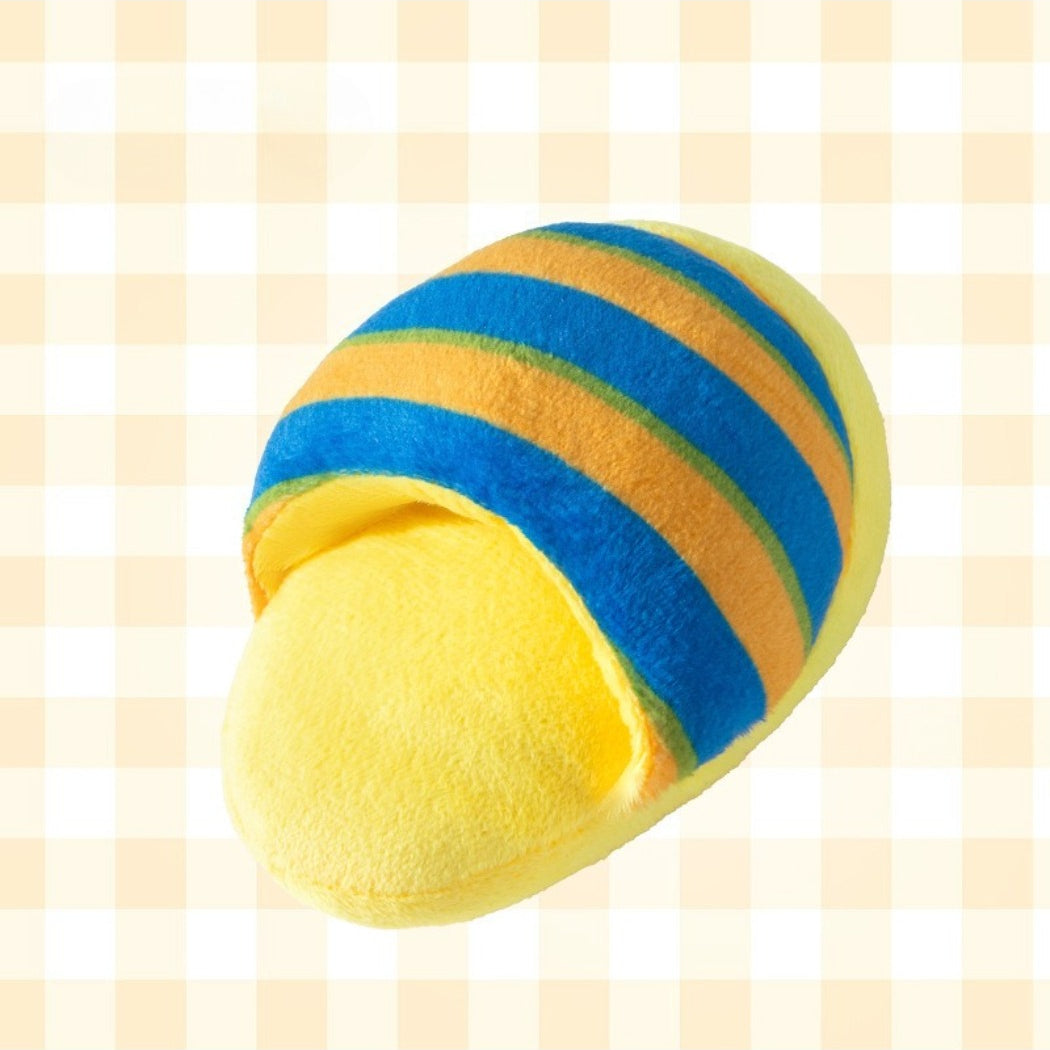 Petkin striped slipper plush dog toy laying flat with visible toe and heel stripes