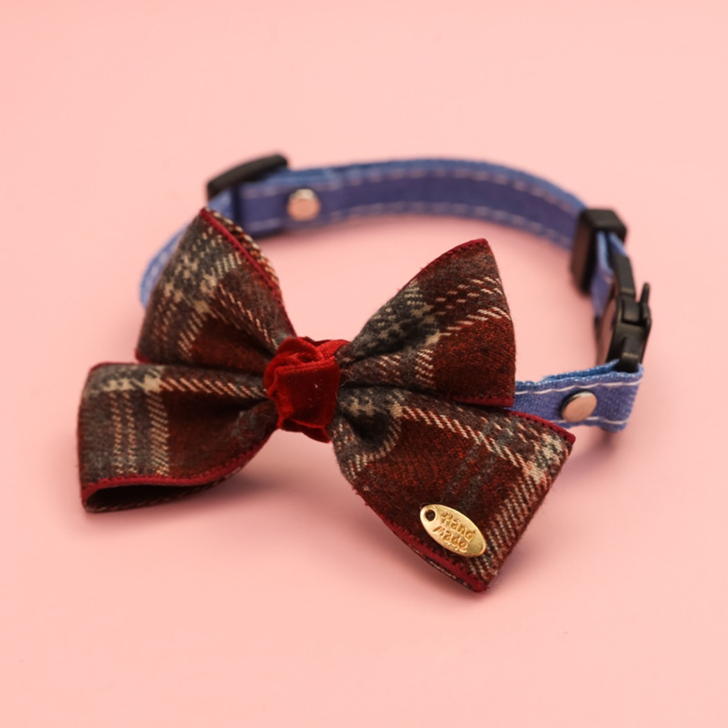 Mokka - Decorative Plaid Pet Collar with Bow Tie