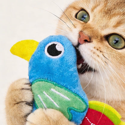 Moo bright bird plush toy with vibrant colors for playful cats