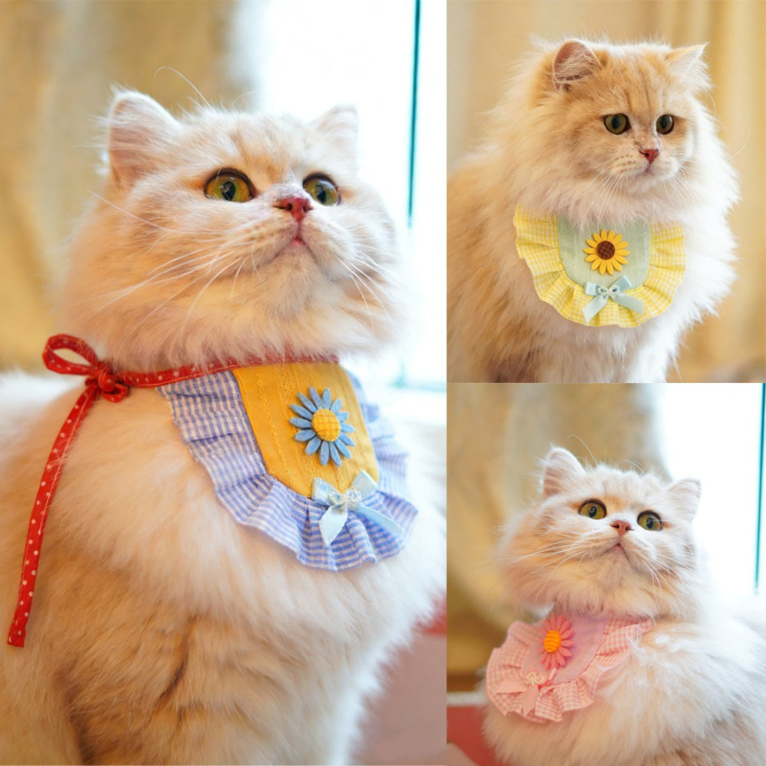 Mokka sunflower ruffle cat bib displayed on a white background