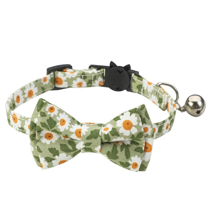 Top view of Mokka floral bowtie cat collar showing adjustable strap