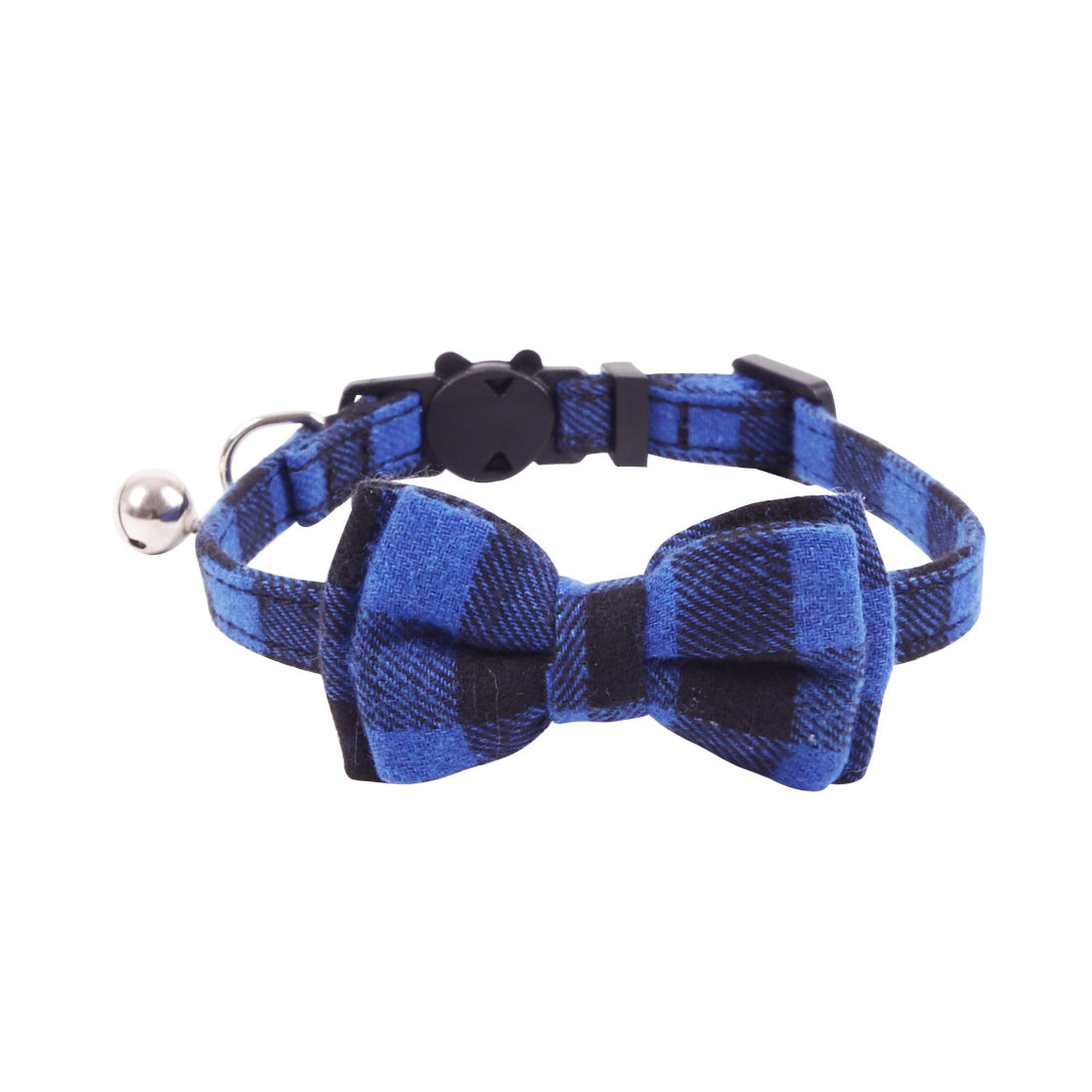 Mokka plaid bow tie cat collar with bell shown from side angle