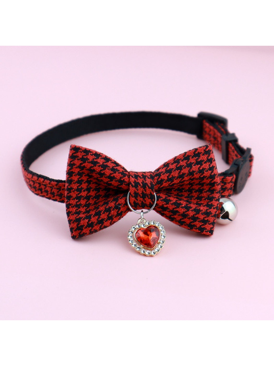 Side view of adjustable Mokka houndstooth bow bell cat collar