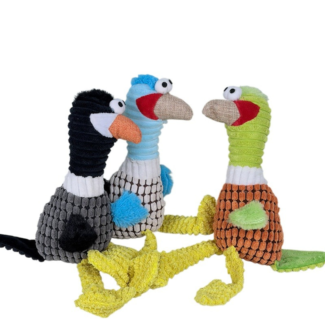 Petkin duck plush dog toy with long yellow legs on white background
