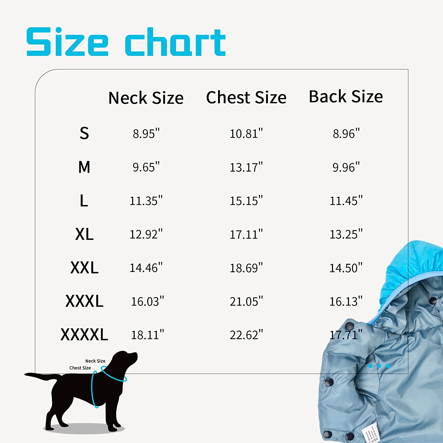 size chart of Ozzie Dog Winter Coat