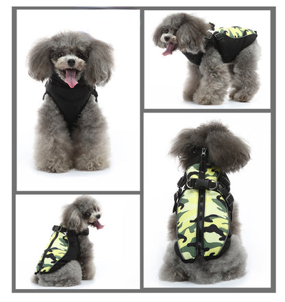 Ozzie dog camo winter coat laid flat showing front and back design