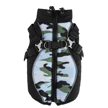 Back view of Ozzie dog camo winter coat highlighting camouflage pattern