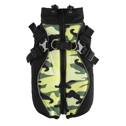 Ozzie dog camo winter coat displayed on a white background