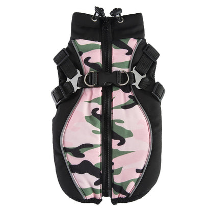 Side view of Ozzie dog camo winter coat showing full coverage