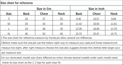 Size chart for Ozzie dog sweater with measurements