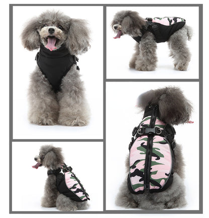 Close-up of Ozzie dog camo winter coat fabric and pattern details
