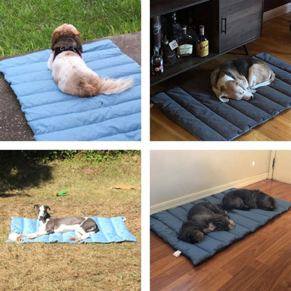 Outdoor dog bed fully open on floor, showing overall size and shape