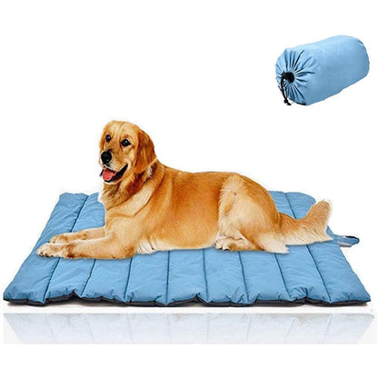 Outdoor dog bed flat on ground showing water-resistant Oxford surface, brown and gray