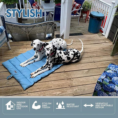 Outdoor dog bed folded and packed, showing portability for camping